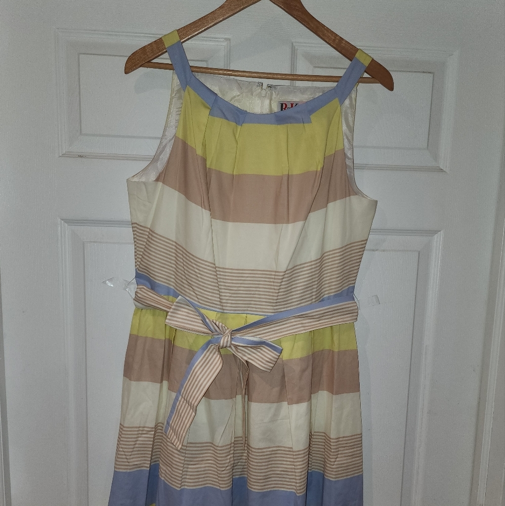 Dress, R&K originals, size 14, blue, yellow, ivory and beige stripes